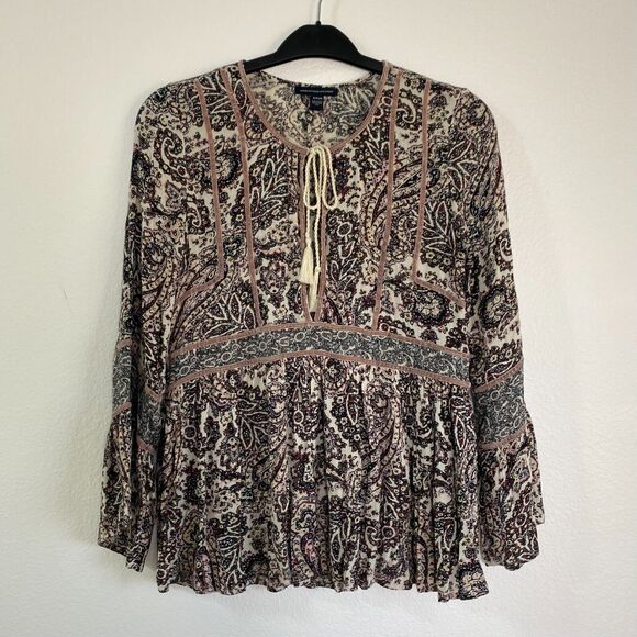 American Eagle Peasant Womens Blouse Tunic Size S/P‎ Paisley Keyhole Long Sleeve - Picture 1 of 10